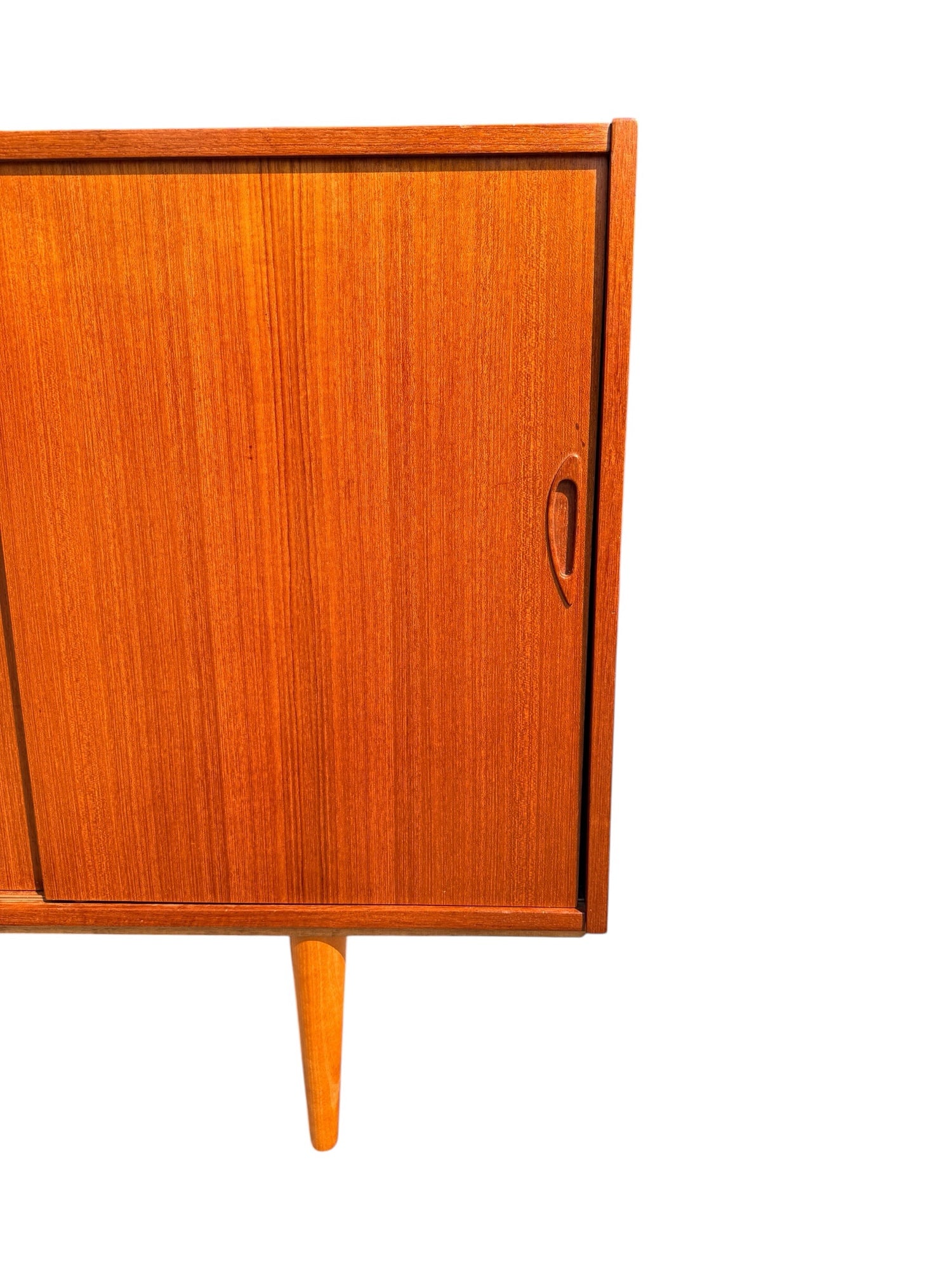 Danish Teak Credenza, sculpted teak finger-pull handle detail