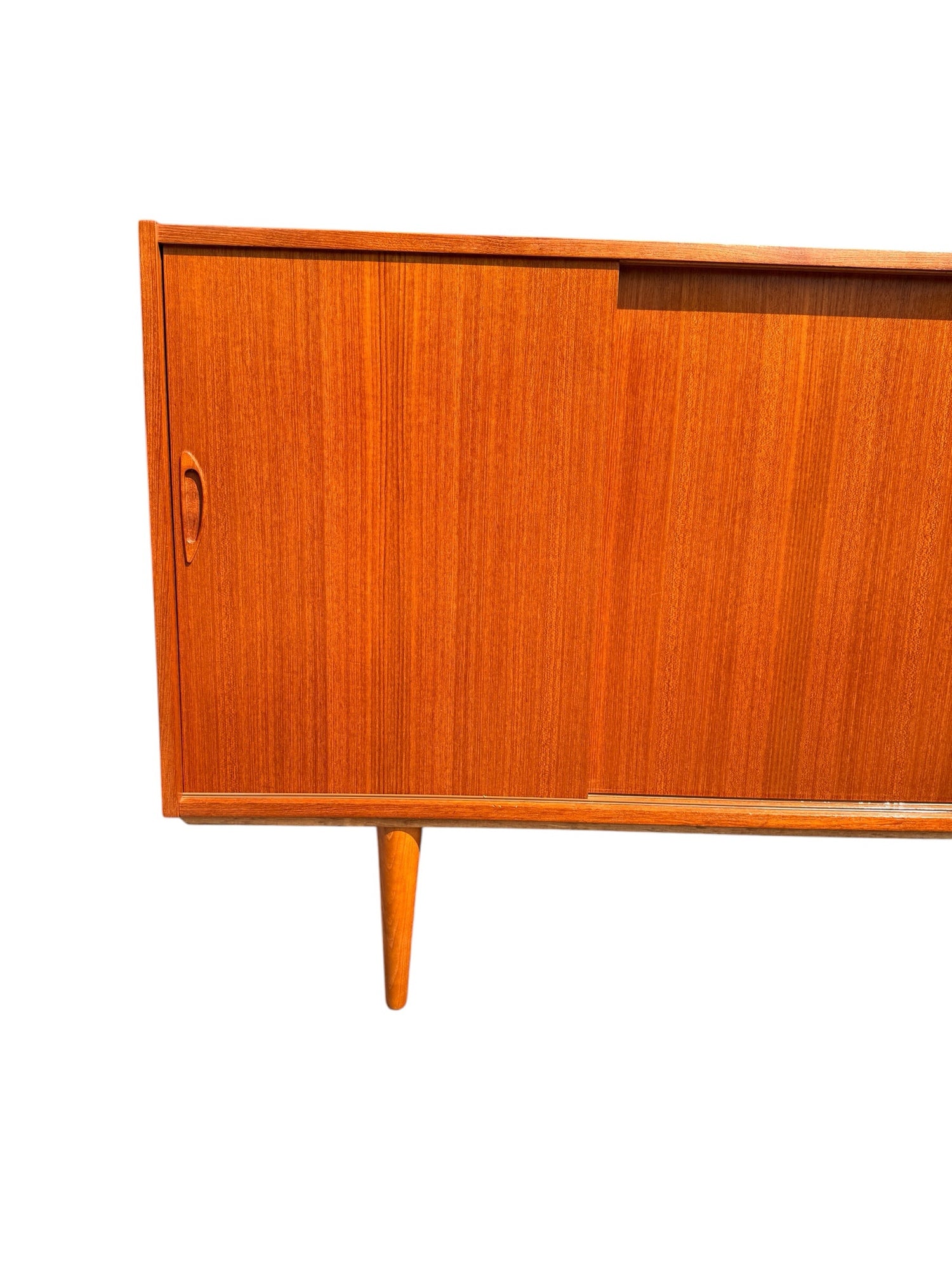 Danish Teak Credenza, left door handle and leg detail
