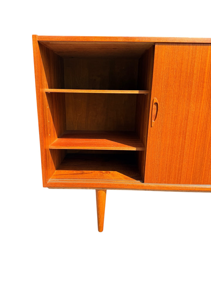 Danish Teak Credenza, left section open showing two adjustable shelves