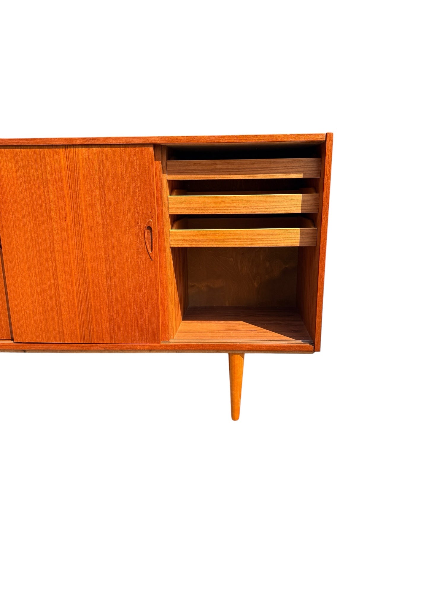 Danish Teak Credenza, right section drawers and open storage close-up
