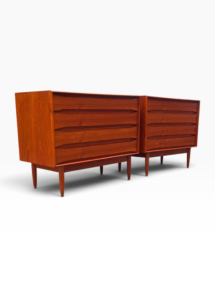 Pair of teak dressers, opposite three-quarter angle with tapered legs
