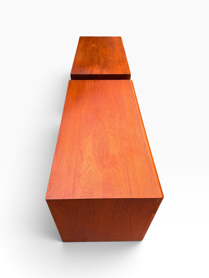 Overhead view of both teak dresser tops side by side