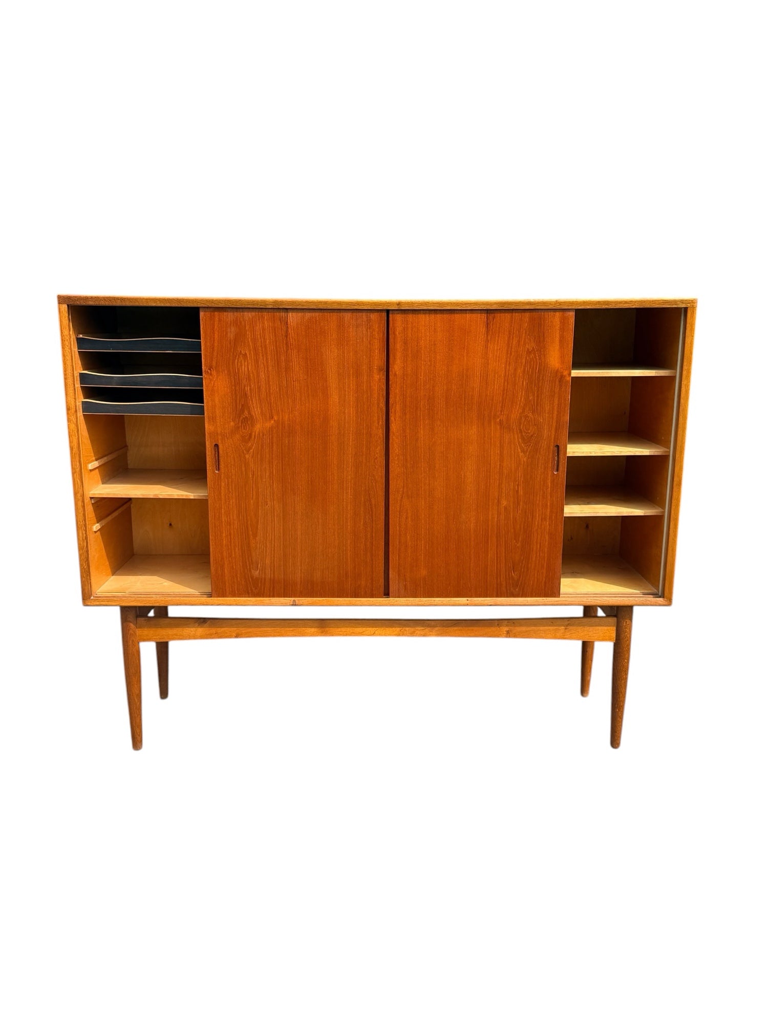 Danish Teak and White Oak Highboard, center door open showing three adjustable shelves