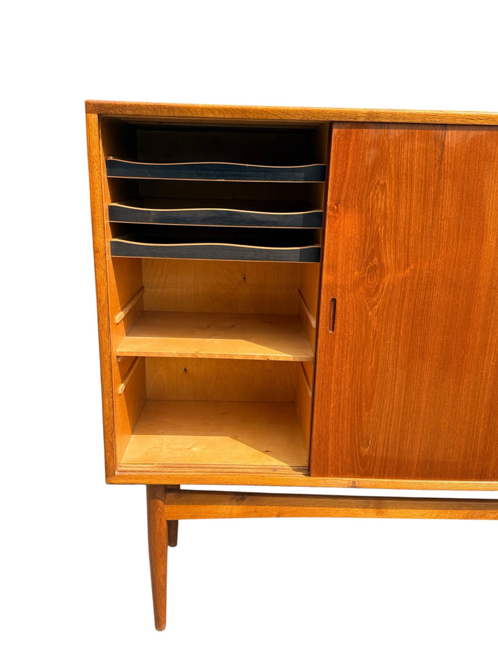 Danish Teak and White Oak Highboard, left door open showing scallop-edge felt-lined drawers and shelf