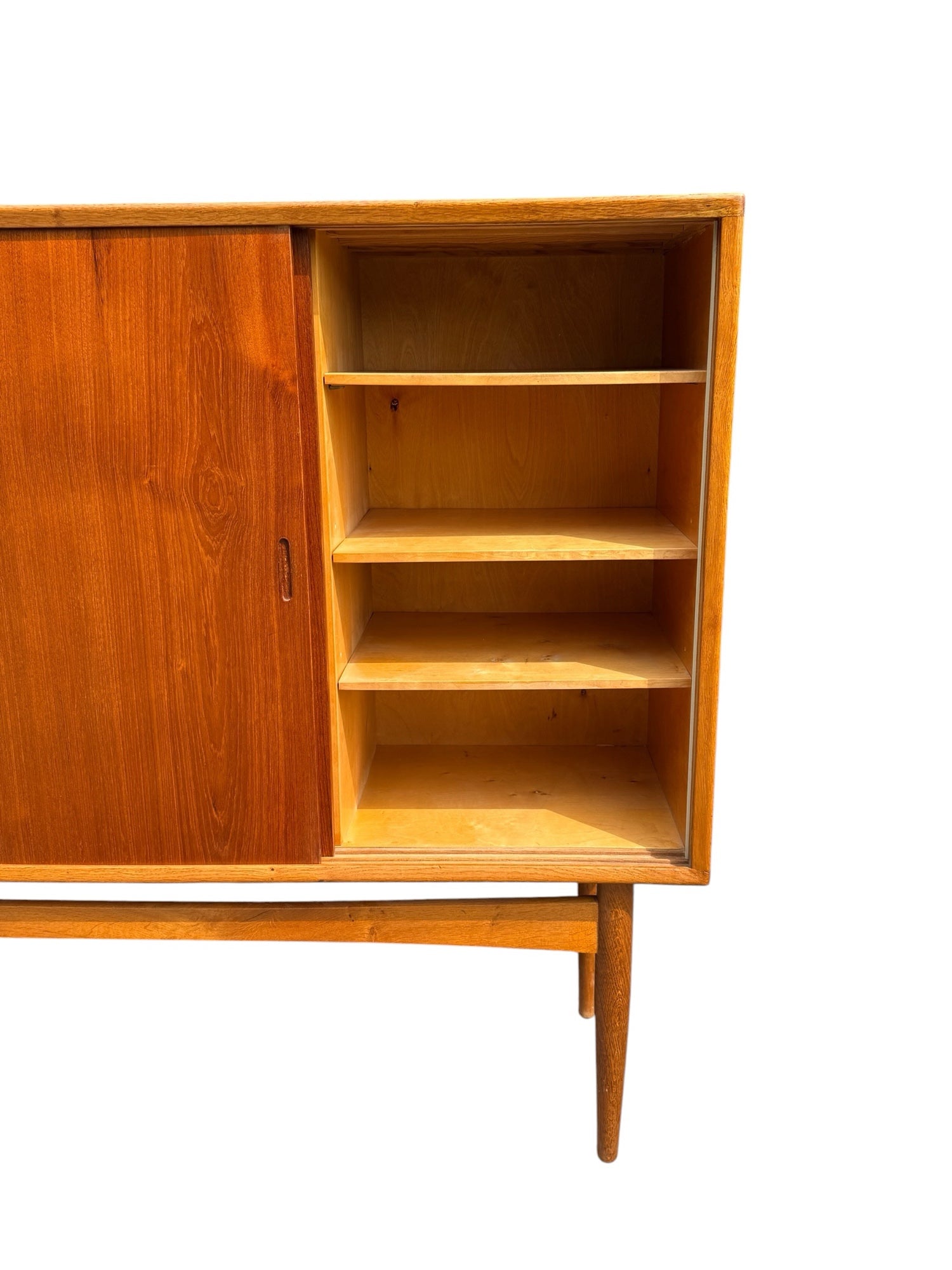 Danish Teak and White Oak Highboard, right door open showing three adjustable shelves