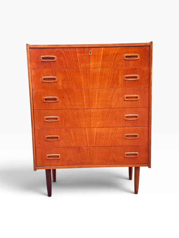 Danish modern teak tallboy dresser with six drawers, front view