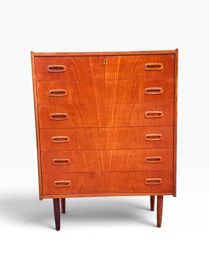 Danish modern teak tallboy dresser with six drawers, front view