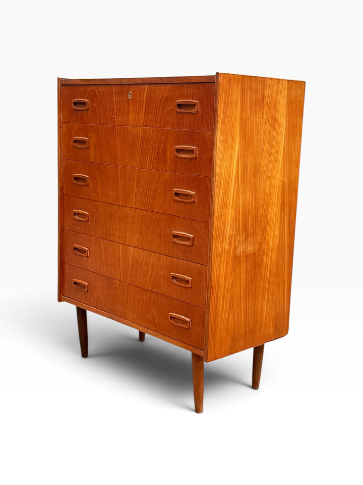 Teak tallboy dresser, angled front view