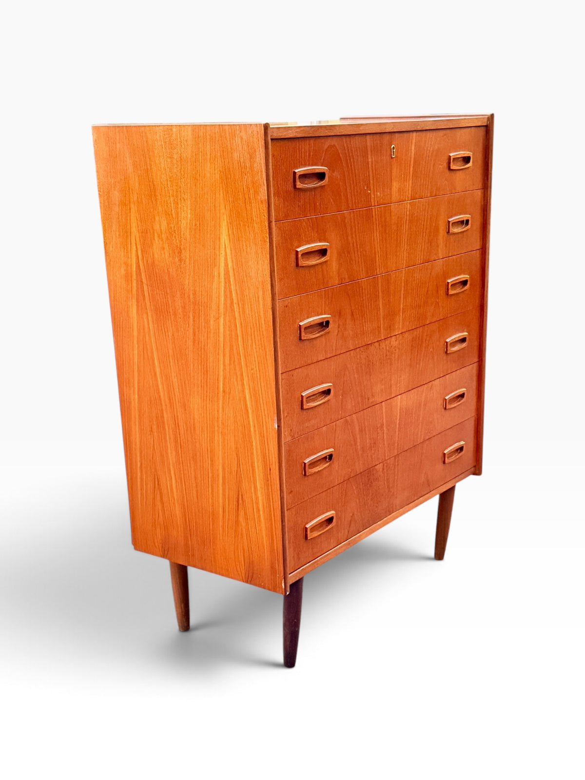 Teak tallboy dresser, opposite angled view