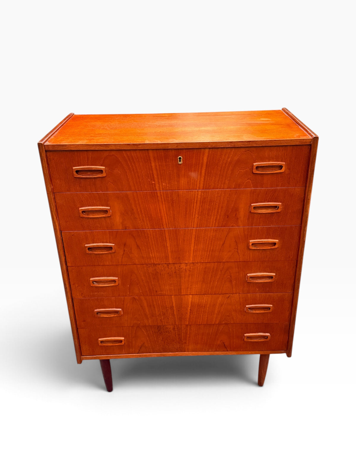 Teak six drawer dresser, high angle front view