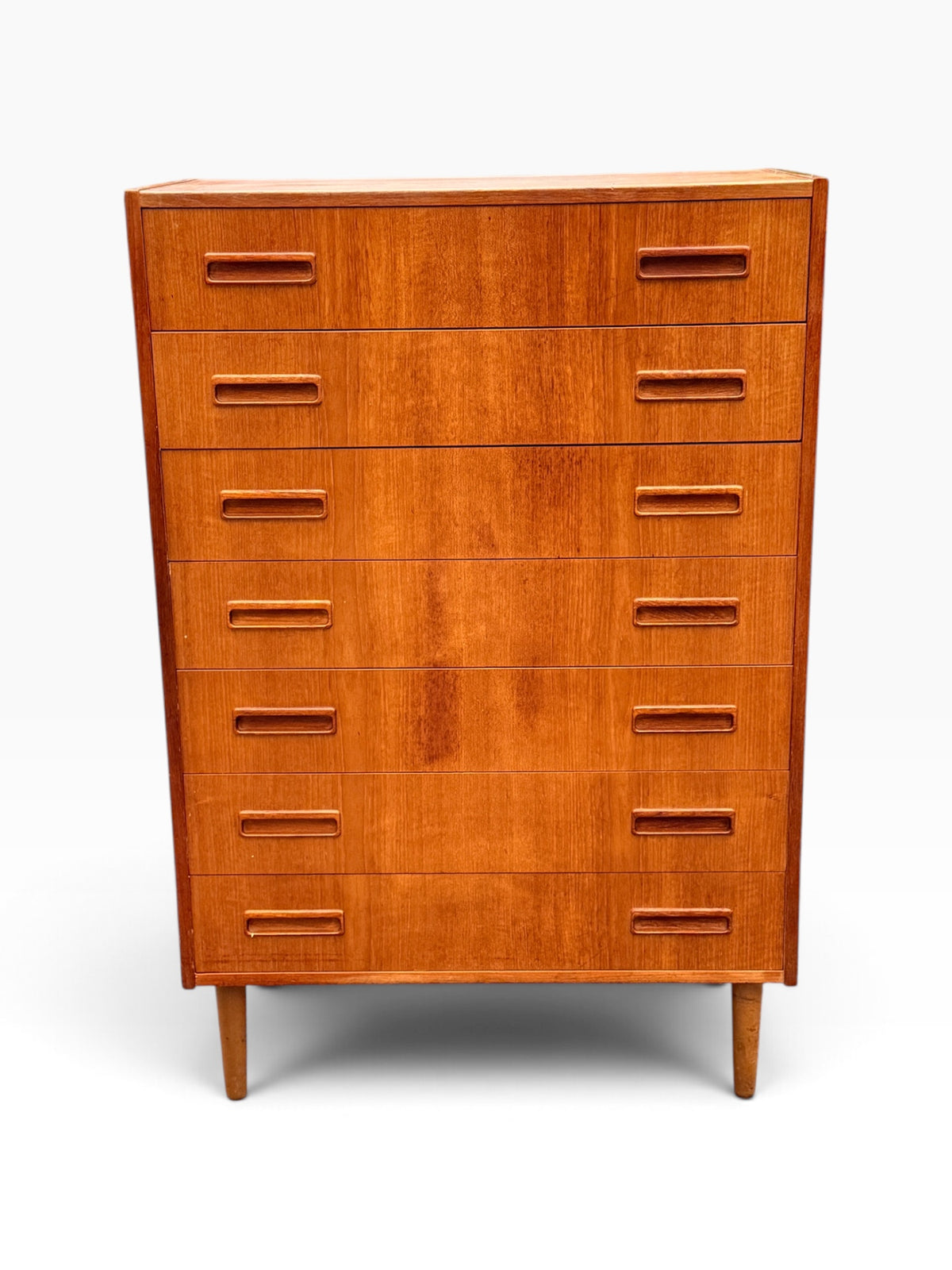Danish modern teak tallboy dresser, front view