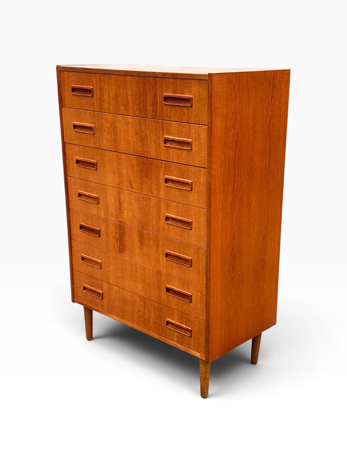 Teak tallboy dresser, angled front view