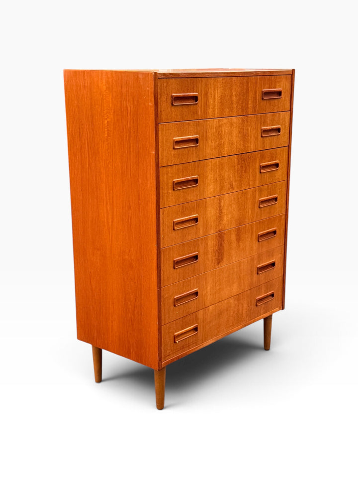 Teak tallboy dresser, opposite angled view