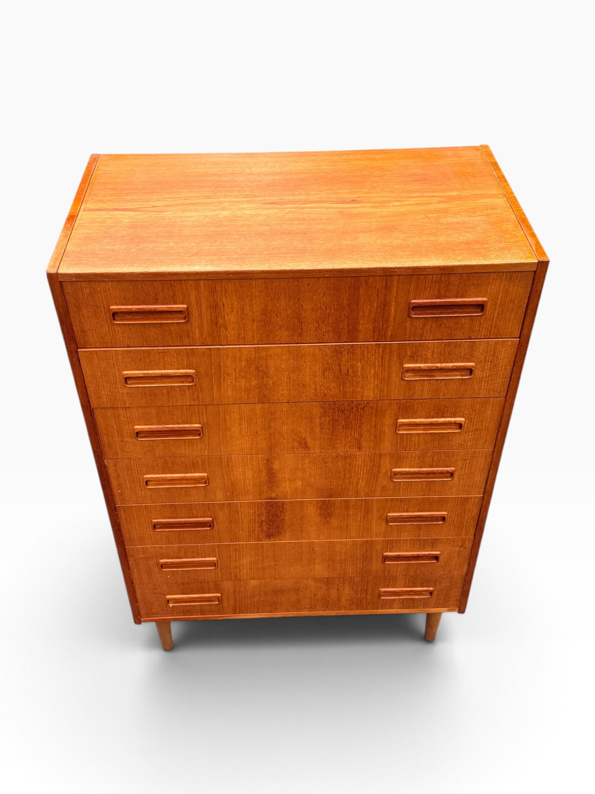 Teak tallboy dresser, high angle view