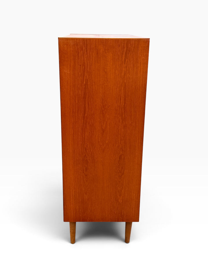 Teak tallboy dresser, opposite side view