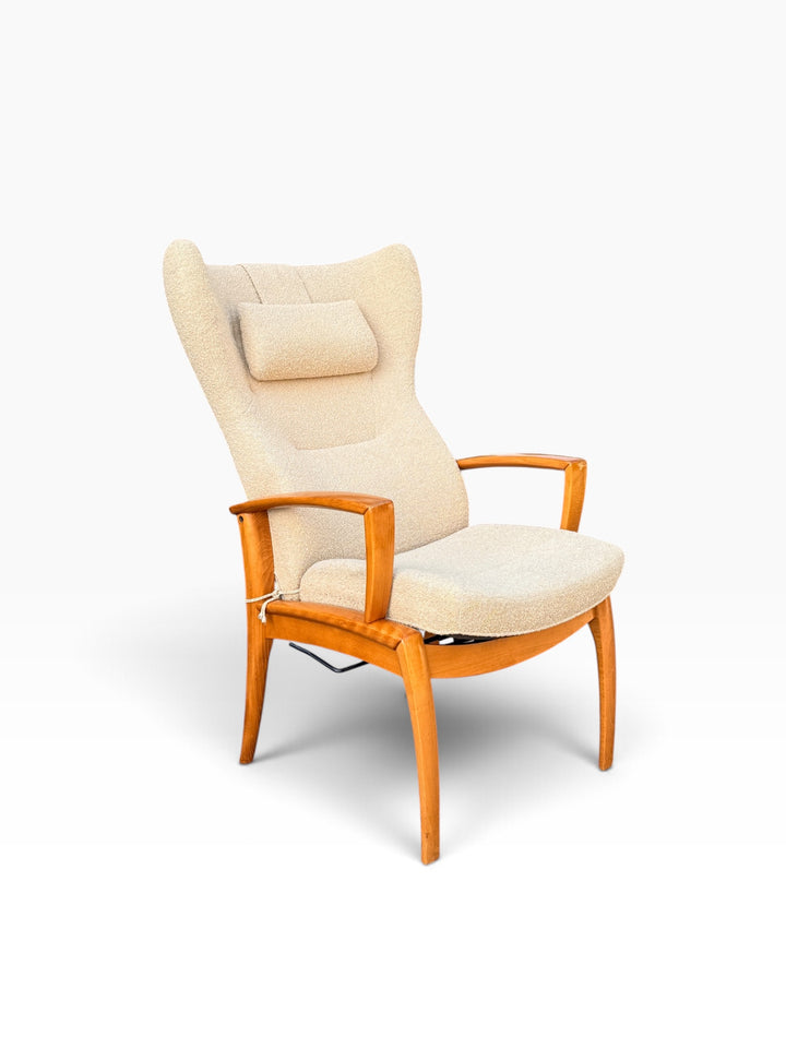 Danish boucle wingback recliner, three-quarter view