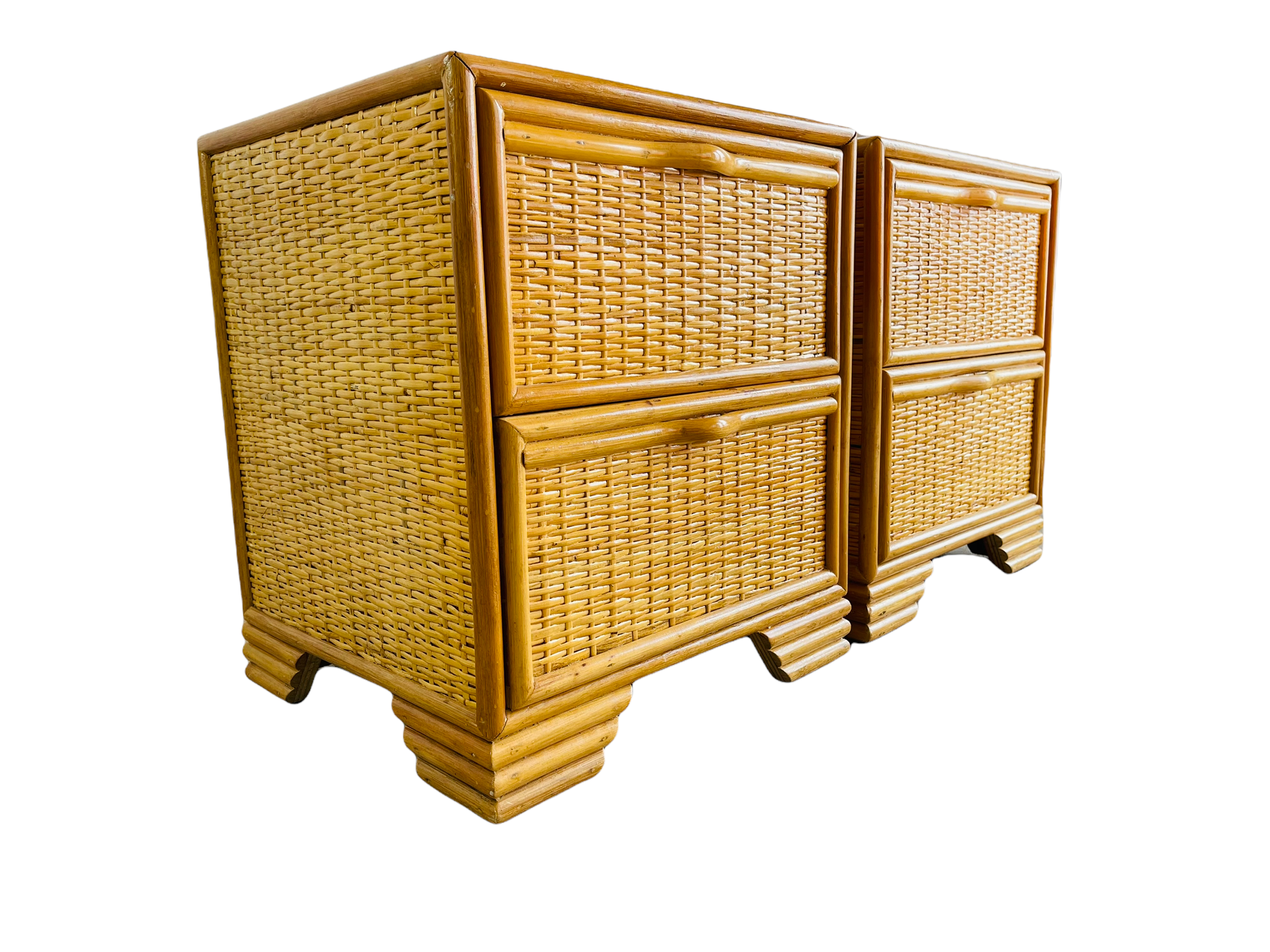 1970s Pair Spanish Lace Wicker & Bamboo Two Drawer Nightstands  image 4