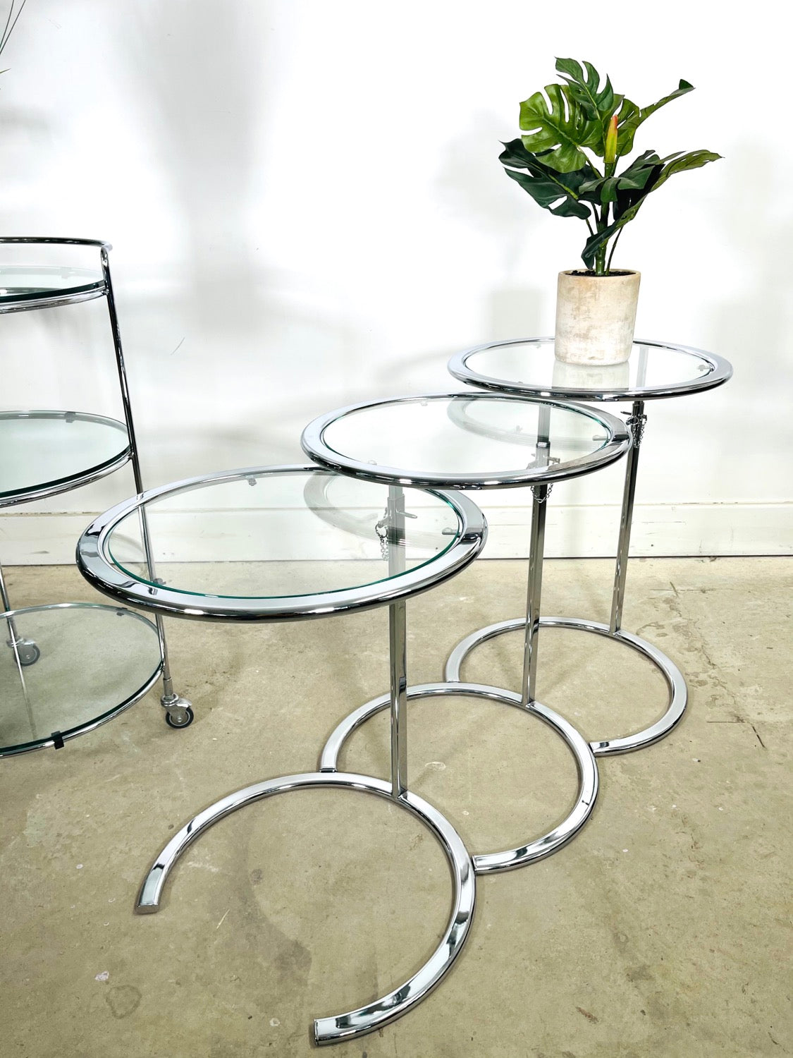 Set 4 Chrome & Glass Bar Cart & Nesting Table Eileen Gray Style image 11