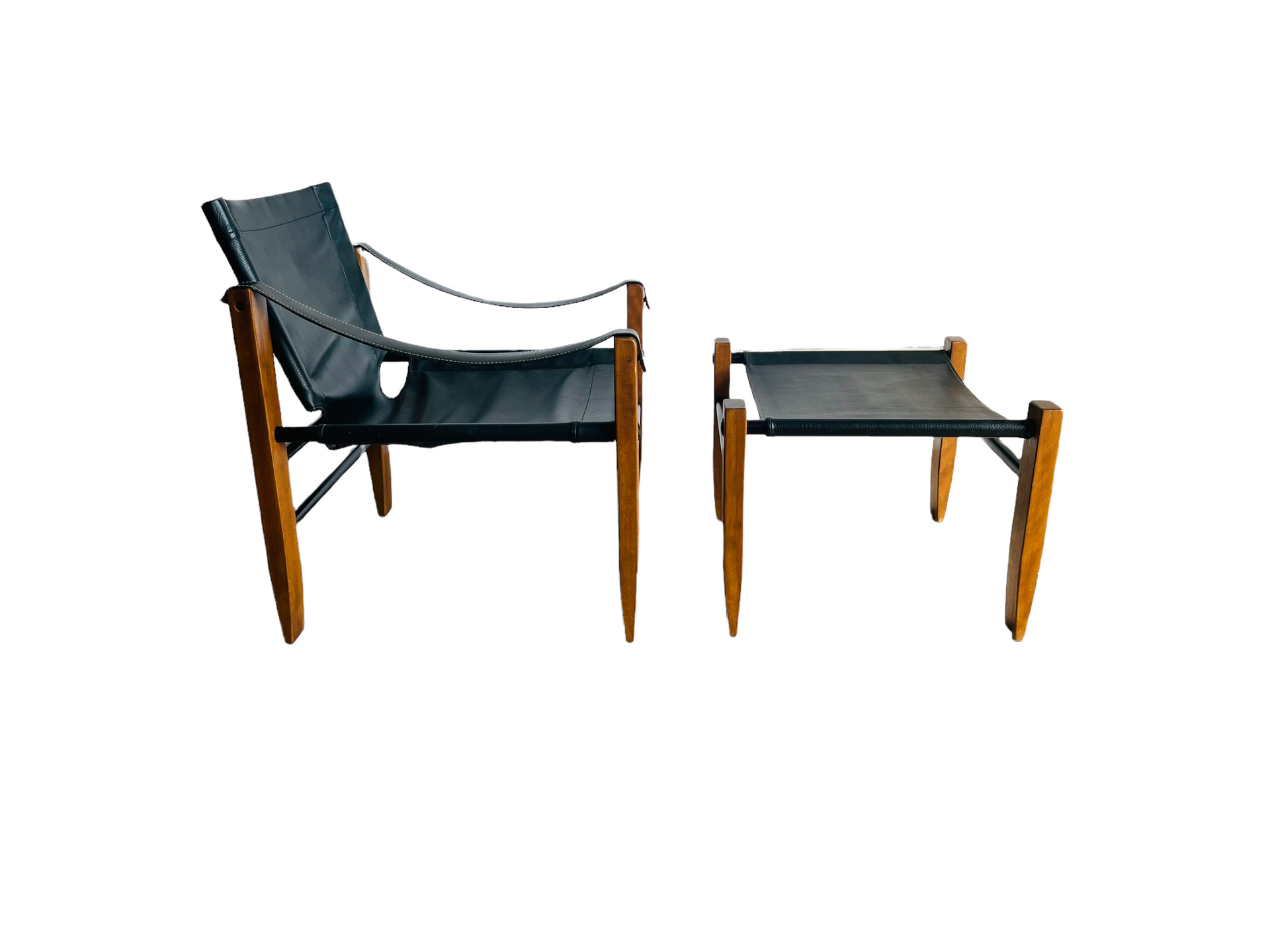 Mid-Century Modern Saddle Stitch Leather Safari Sling Chair & Ottoman  image 1