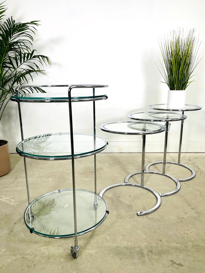 Set 4 Chrome & Glass Bar Cart & Nesting Table Eileen Gray Style image 4