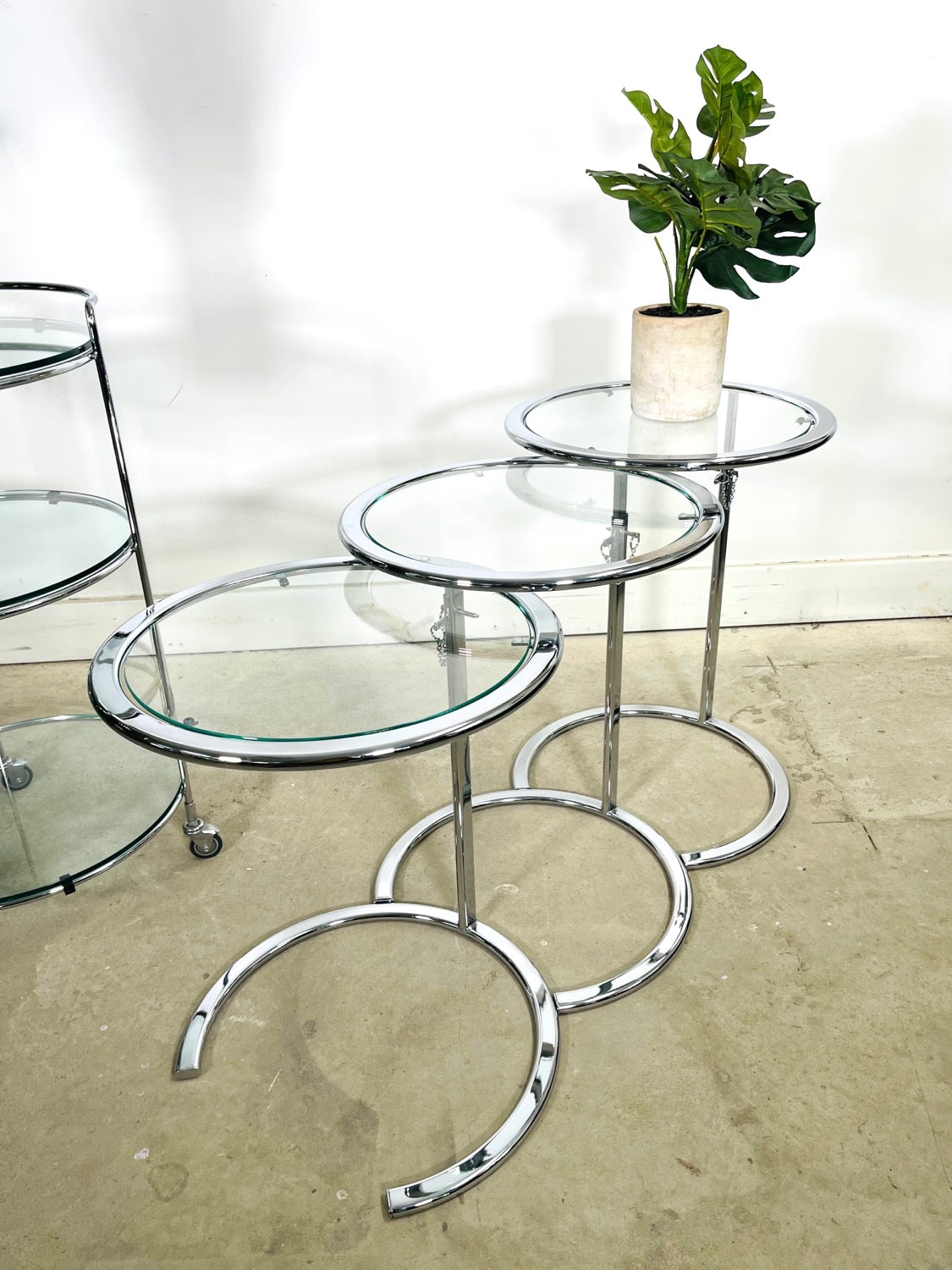 Set 4 Chrome & Glass Bar Cart & Nesting Table Eileen Gray Style image 2