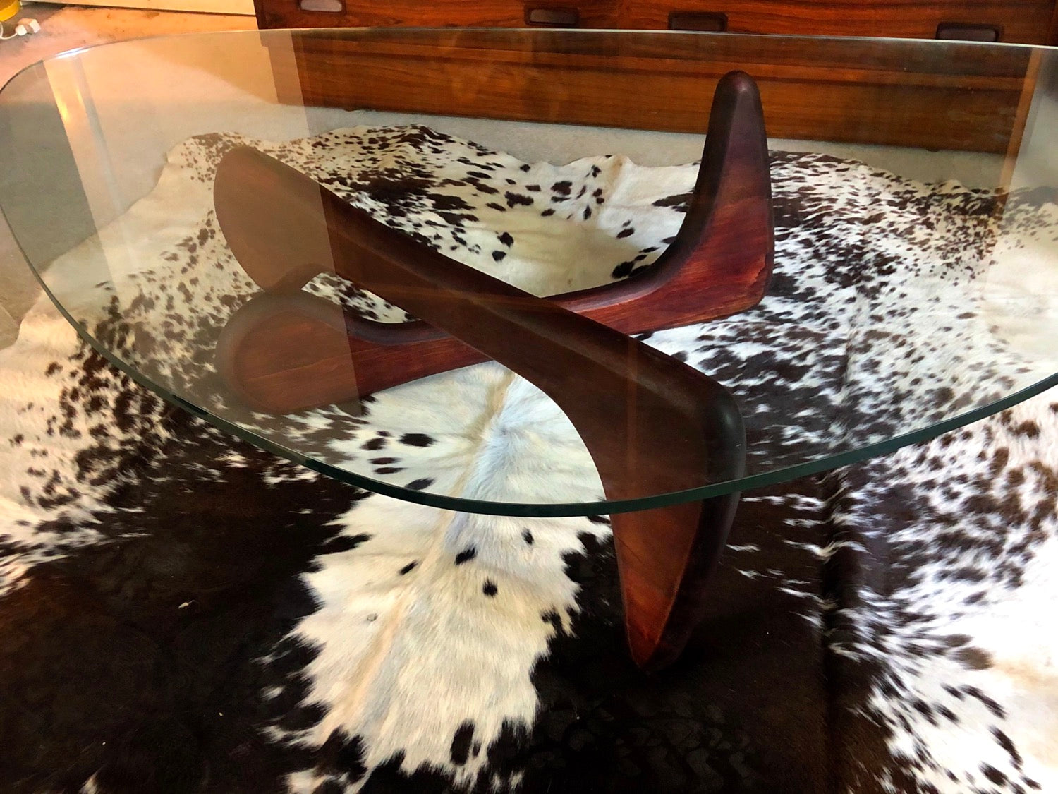 Noguchi Style Coffee Table with Boomerang Shaped Glass Top image 0