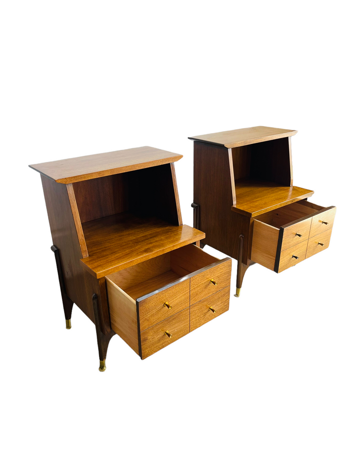 Pair Mid Century Modern Walnut Two Tiered Nightstands  image 5