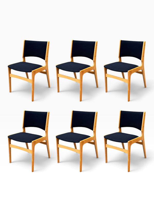 Set of six Erik Buch beech dining chairs with black upholstery