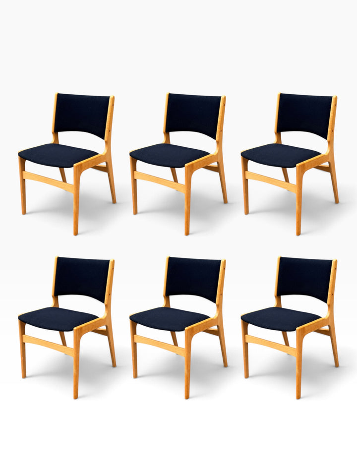 Set of six Erik Buch beech dining chairs with black upholstery