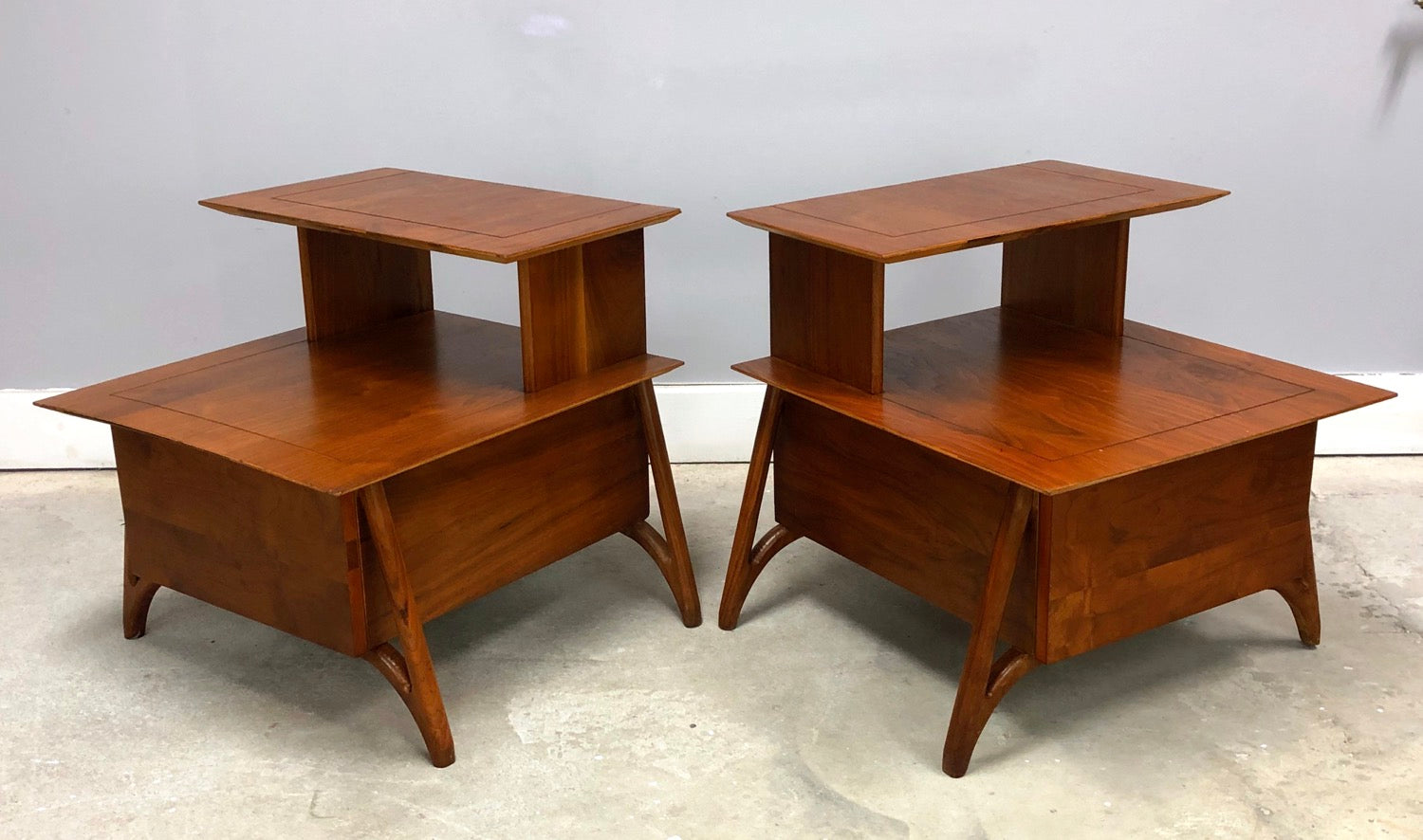 MCM Pair Of Walnut Two Tier Nightstands On Sculpted Legs image 1