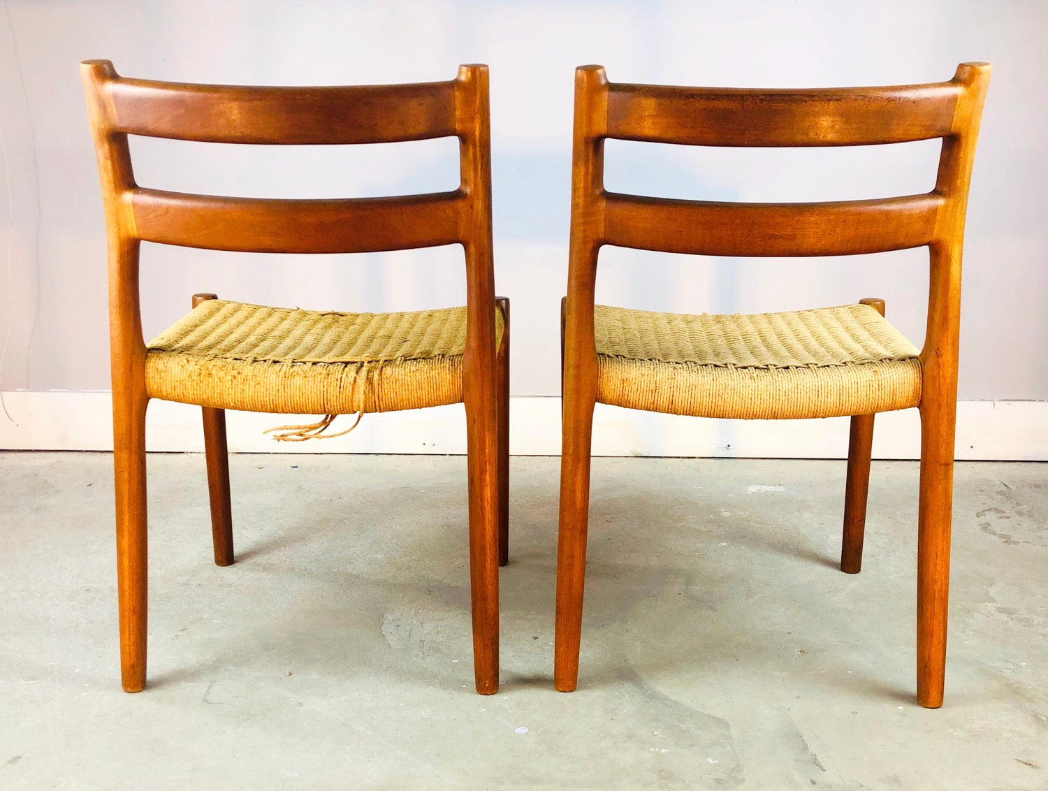 Pair MCM Danish Teak J.L. Møller Model 84 Chairs With Woven Seat image 3