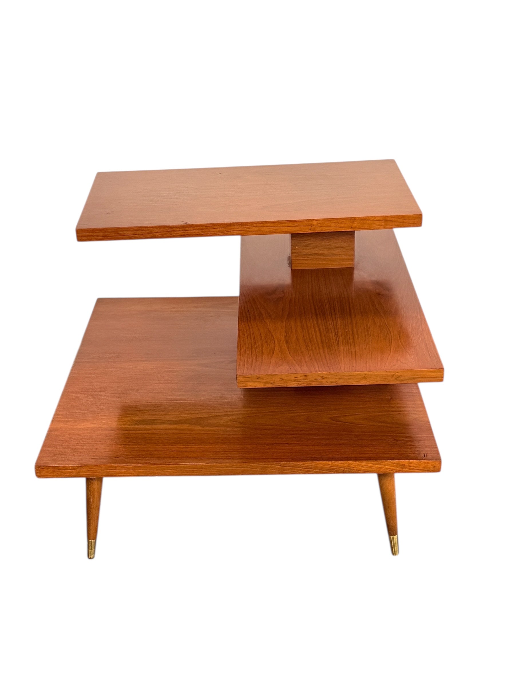 Mid Century Modern Walnut 3-Tier Side Table with Brass Tapered Legs image 9