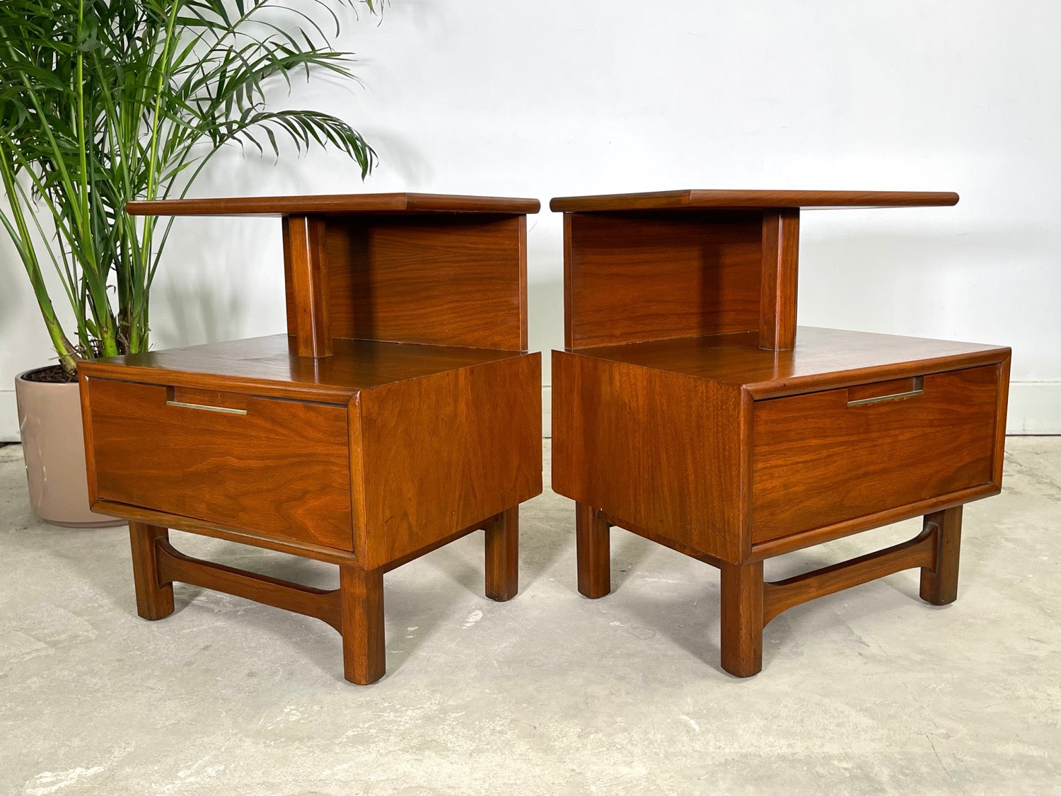 Pair Mid-Century Modern Two Tier Walnut Nightstands  image 3