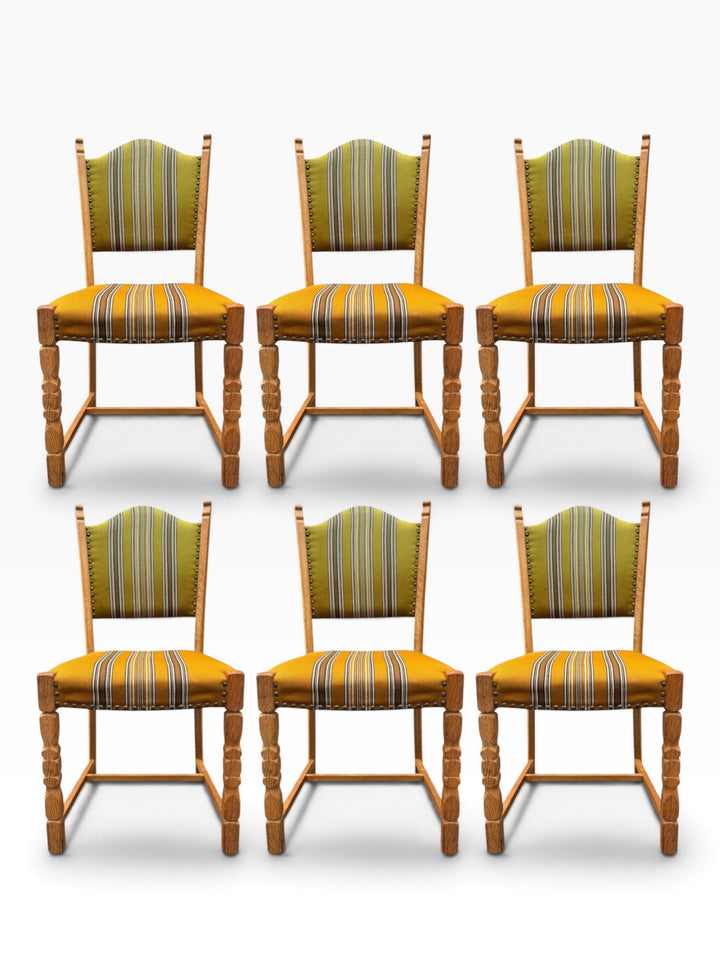 Six Kjærnulf oak dining chairs, front view