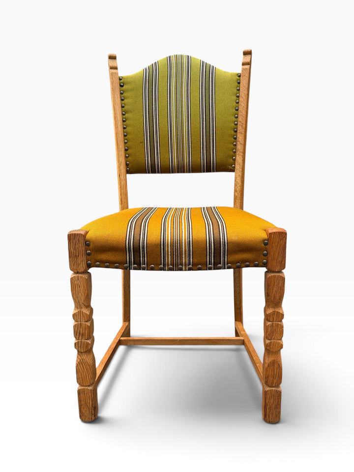Single Kjærnulf oak dining chair, front view with carved legs