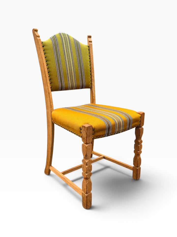 Oak dining chair, angled view showing stretchers
