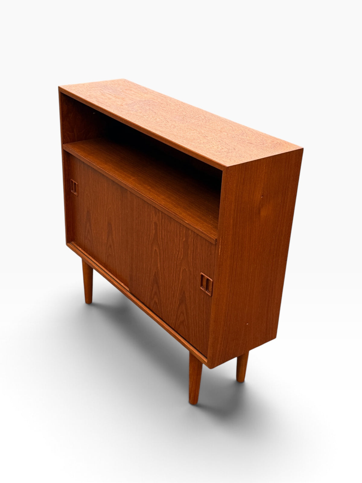Teak bookcase cabinet, angled view