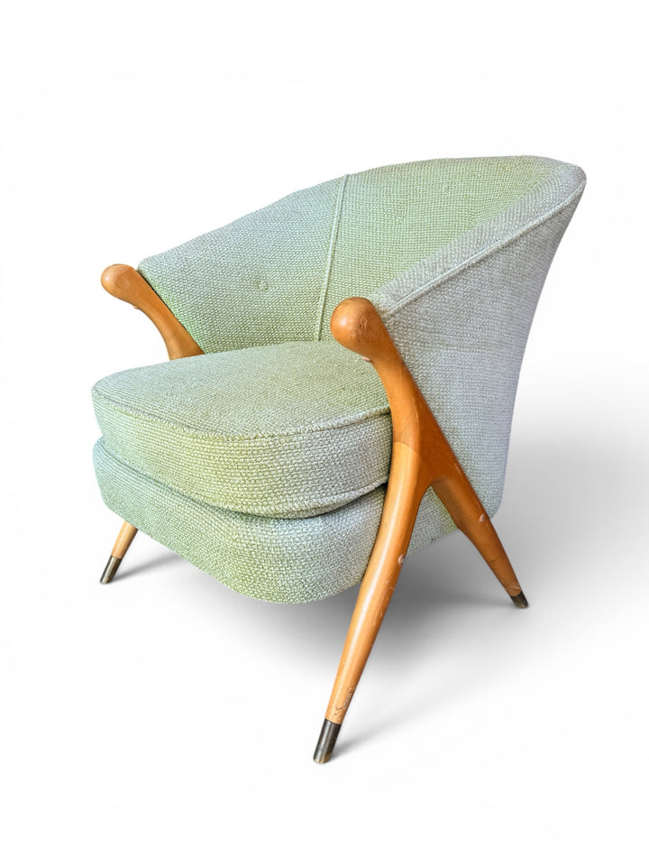 Italian lounge chair — front view showing full upholstery and maple arm detail