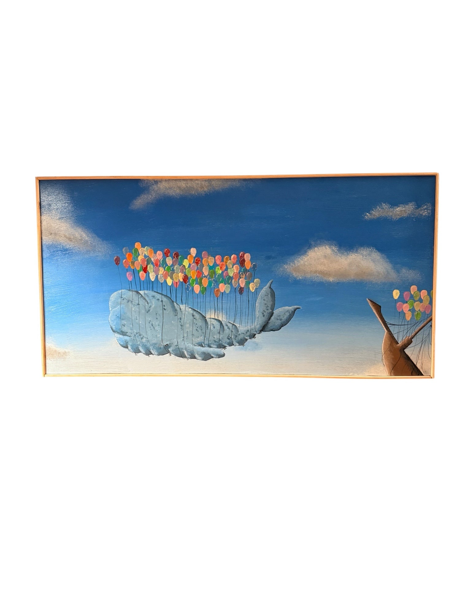 Joshua Dietz pop surrealist flying whale with balloons painting — full front view