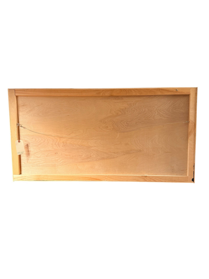 Joshua Dietz whale painting — back of wood panel with wire hanger and artist label