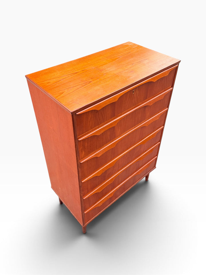 Teak chest of drawers, high angle view