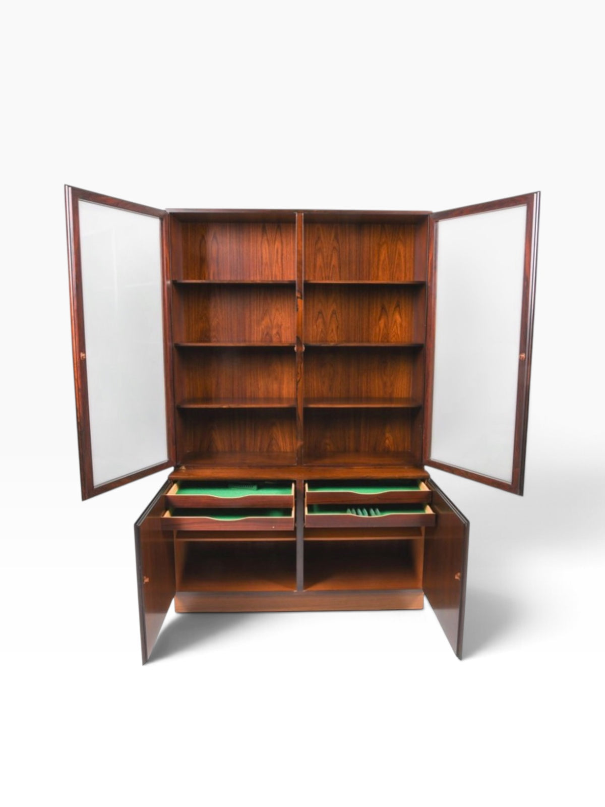 Omann Jun rosewood hutch open, showing glass-door shelves and felt-lined drawers
