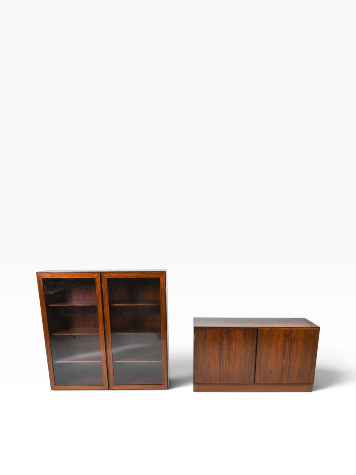 Upper glass-door cabinet and lower two-door base shown as separate sections