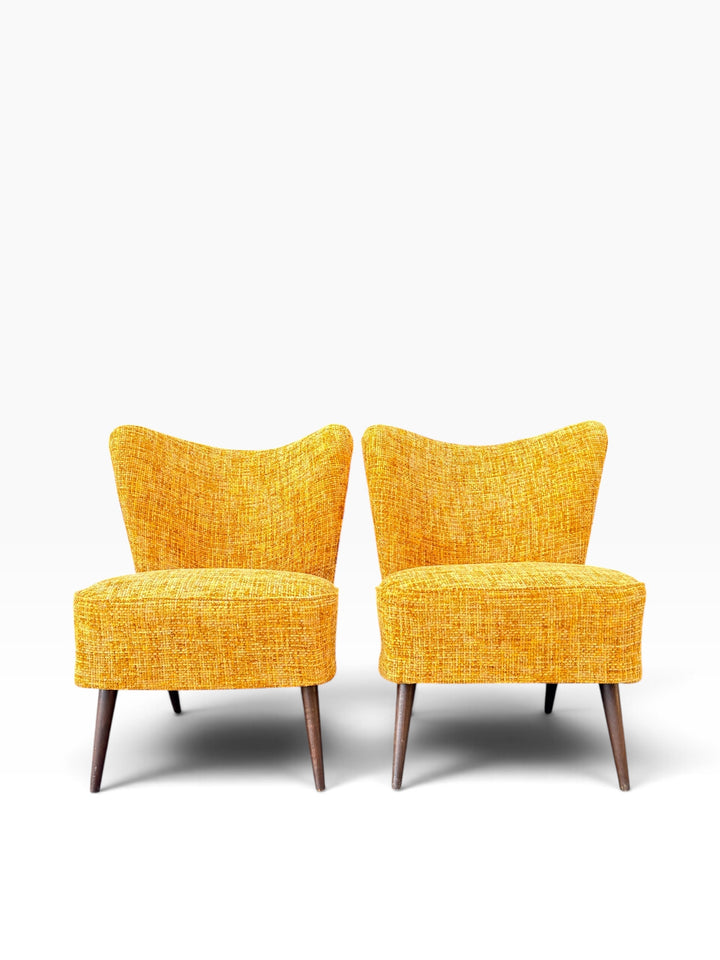 Pair of Danish modern cocktail chairs in golden mustard tweed, front view