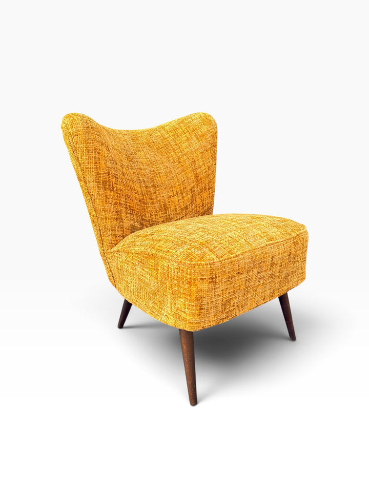 Mustard tweed cocktail chair, angled front view