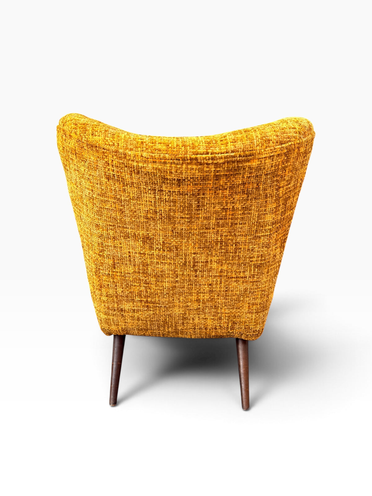 Back view of mustard tweed cocktail chair