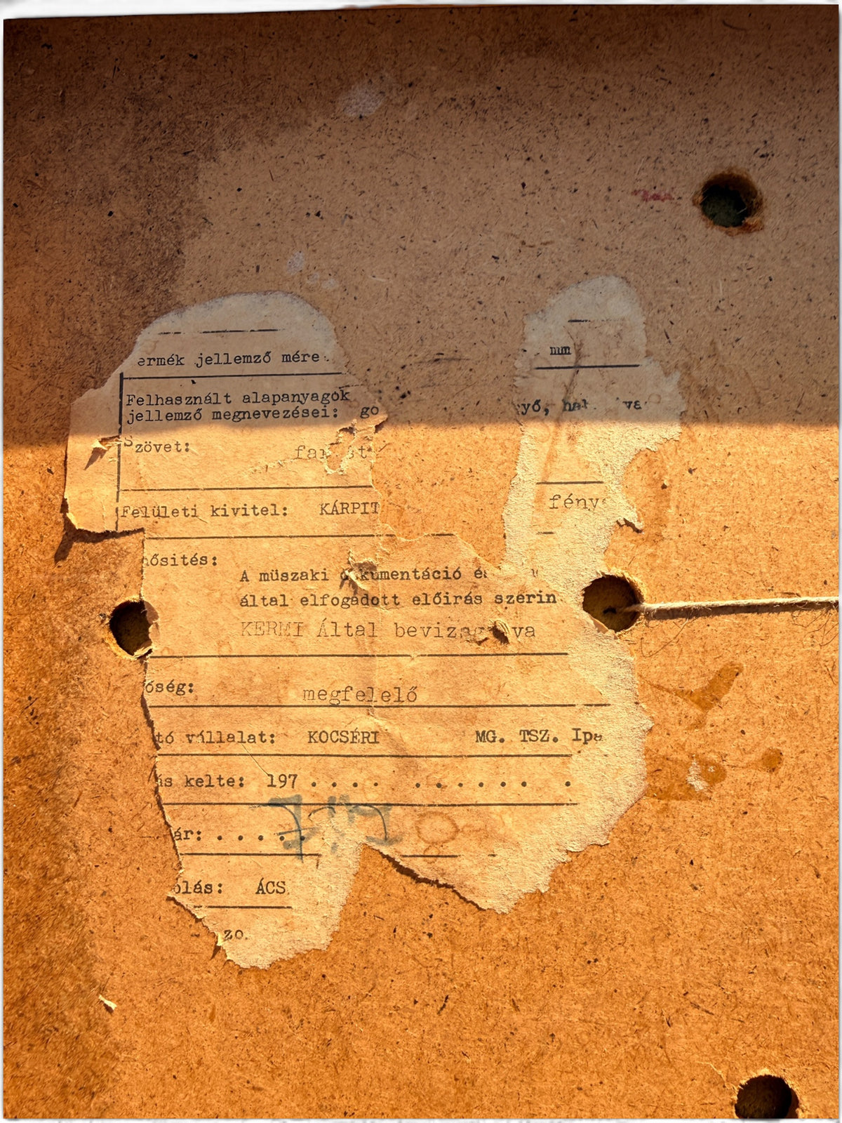 Original Kocseri MGTSZ factory label with KERMI inspection under the seat