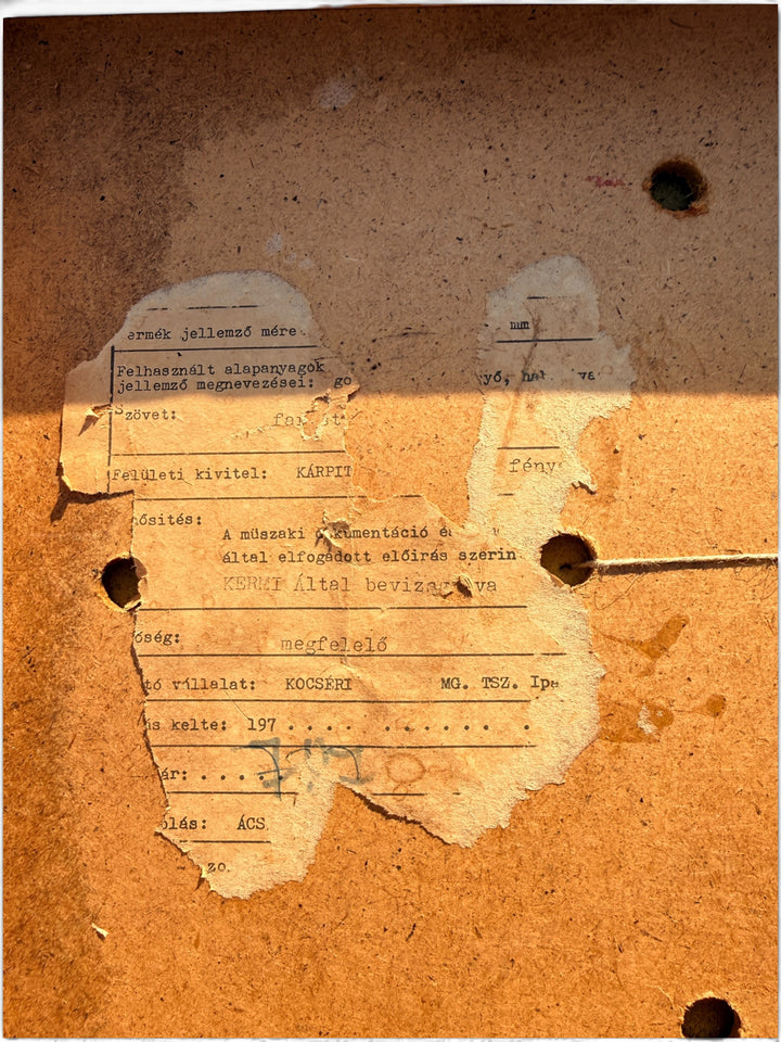 Original Kocseri MGTSZ factory label with KERMI inspection under the seat