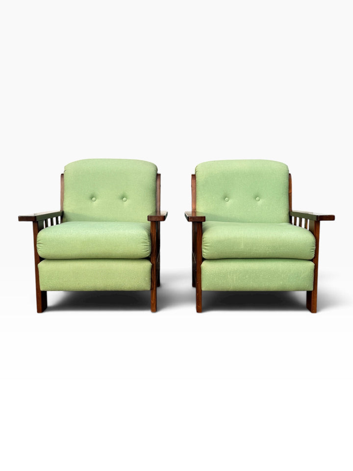 Pair of Mission oak lounge chairs with mint green upholstery, front view