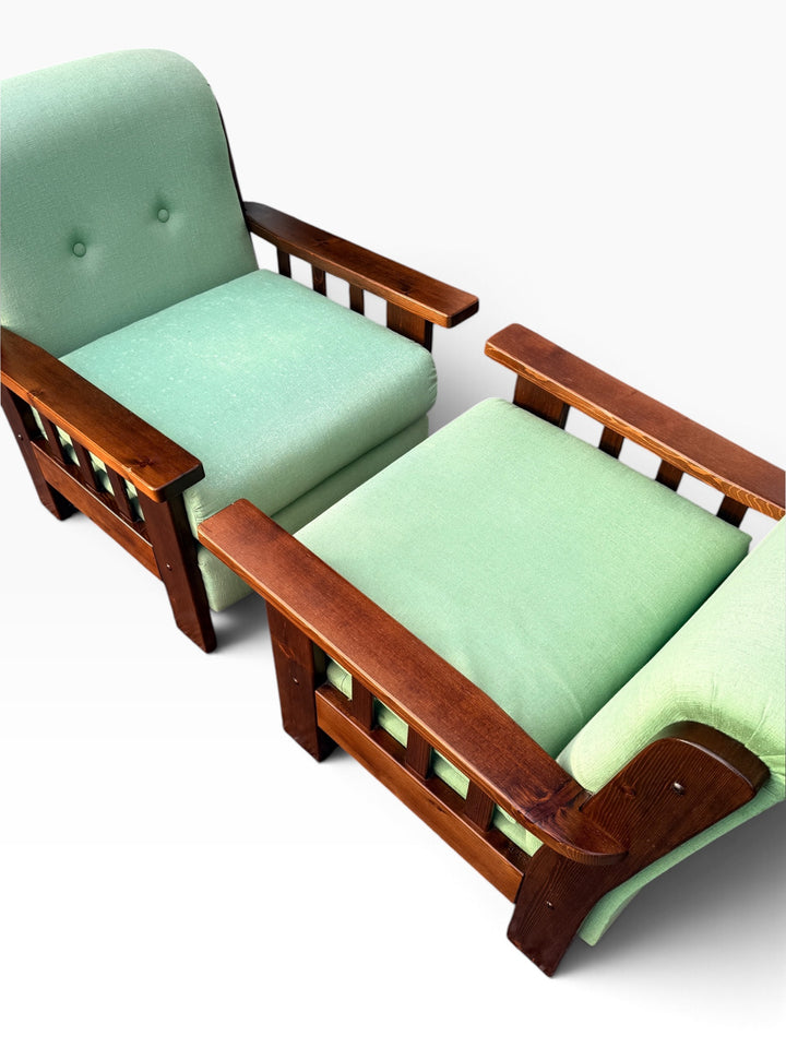 Mission chairs, high angle view of oak arms and cushions